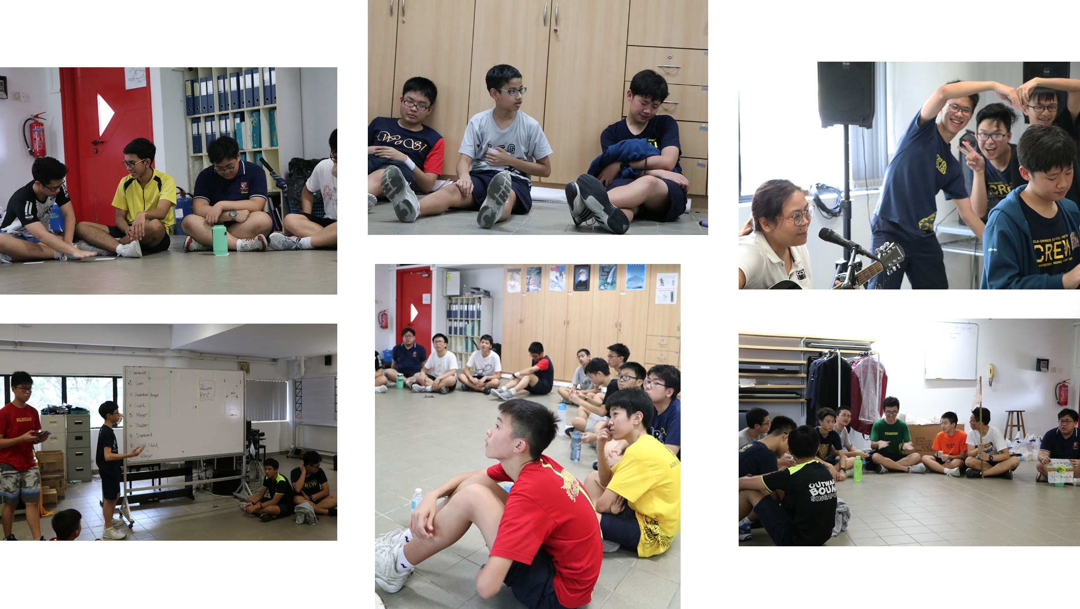 Six photos of teenage boys sitting on floors in classrooms, gathered in groups, listening and talking during a camp activity.